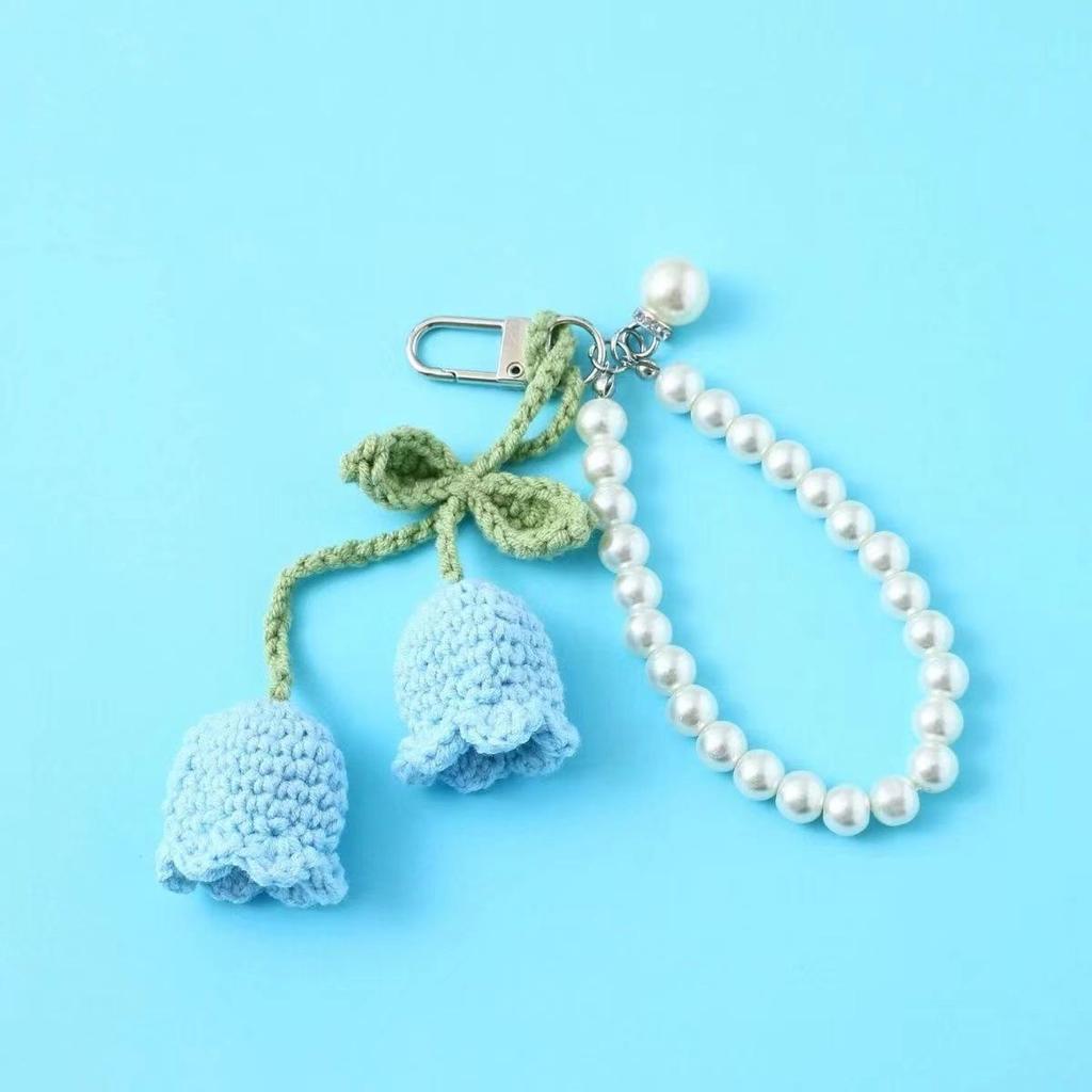 Korean Style Cute Yarn Crochet Girl Keychain with Pearl Chain and Decorative Bag Buckle