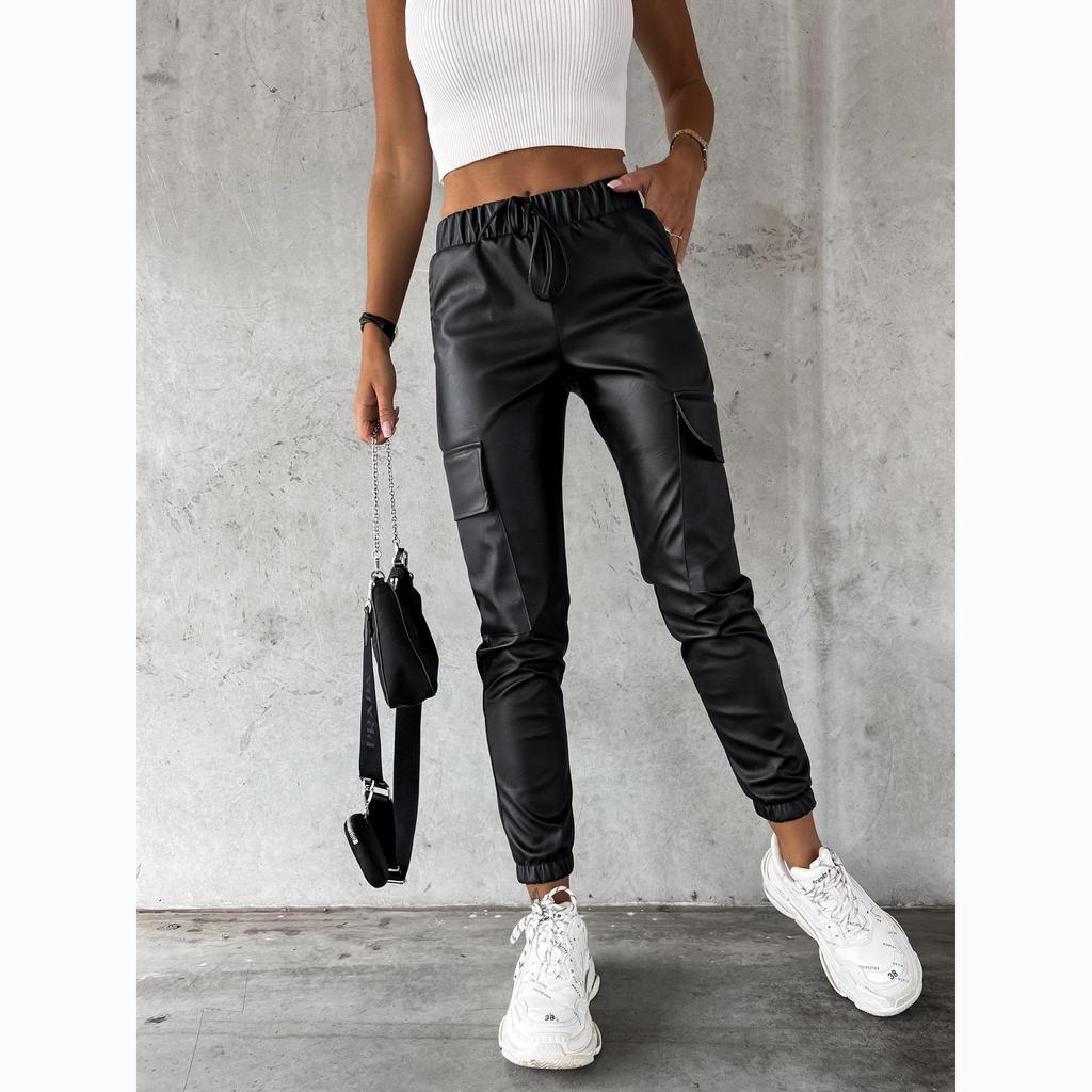 European & American Autumn/Winter Street Style Waist-Cinching Leather Drawstring Pants