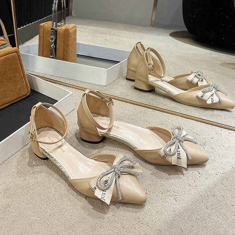 Baotou Sandals Women's Summer 2025 New Pointed Thick Heel Rhinestone Bow High Heel Single Shoes