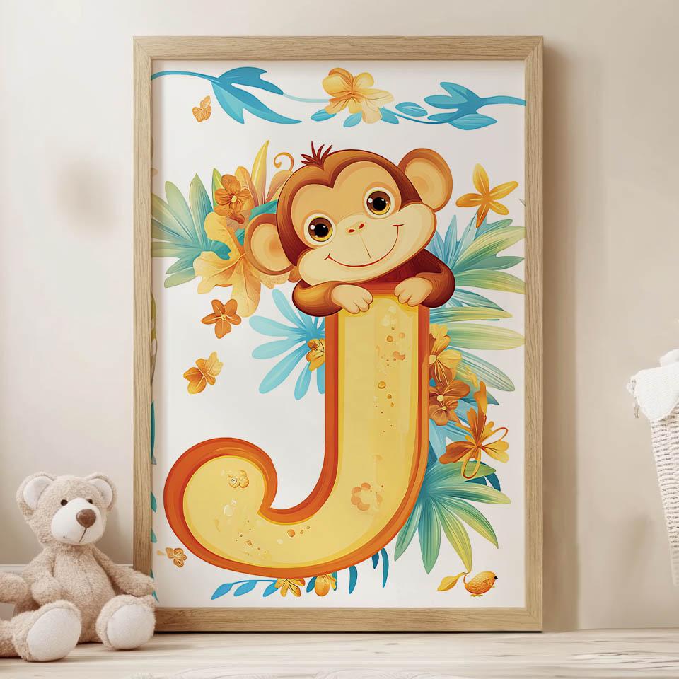 Plakat Wesoły Małpiszonek Na Literze J Plakat Wesoły Małpiszonek Na Literze J, 70X100 Cm, Rama Aluminiowa Czarna, Papier Matowy 230 Gsm