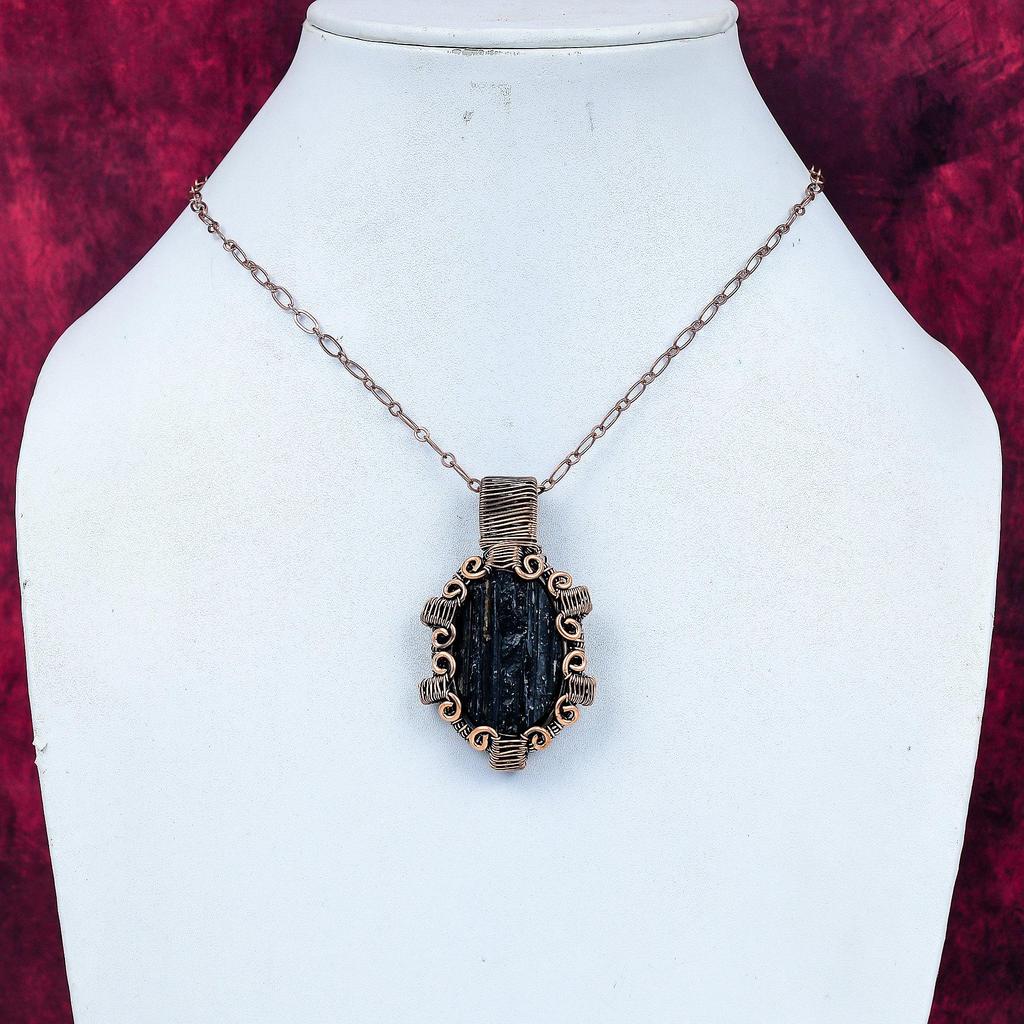 Black Tourmaline Rough Gemstone Pendant Copper Wire Wrapped Handmade Jewelry