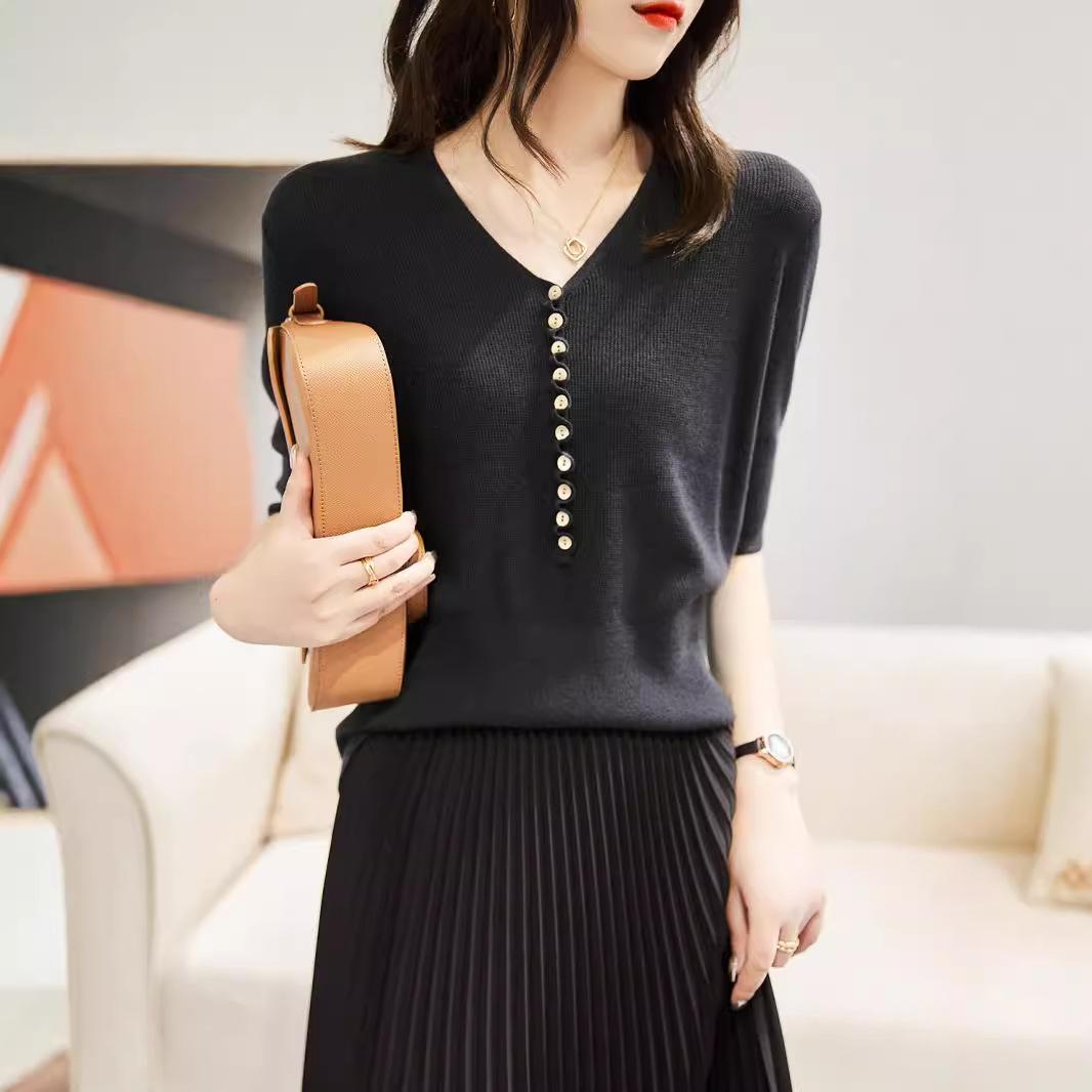 

Women V Neck Button Short Sleeve Solid Knit Casual Top OneSize чёрный