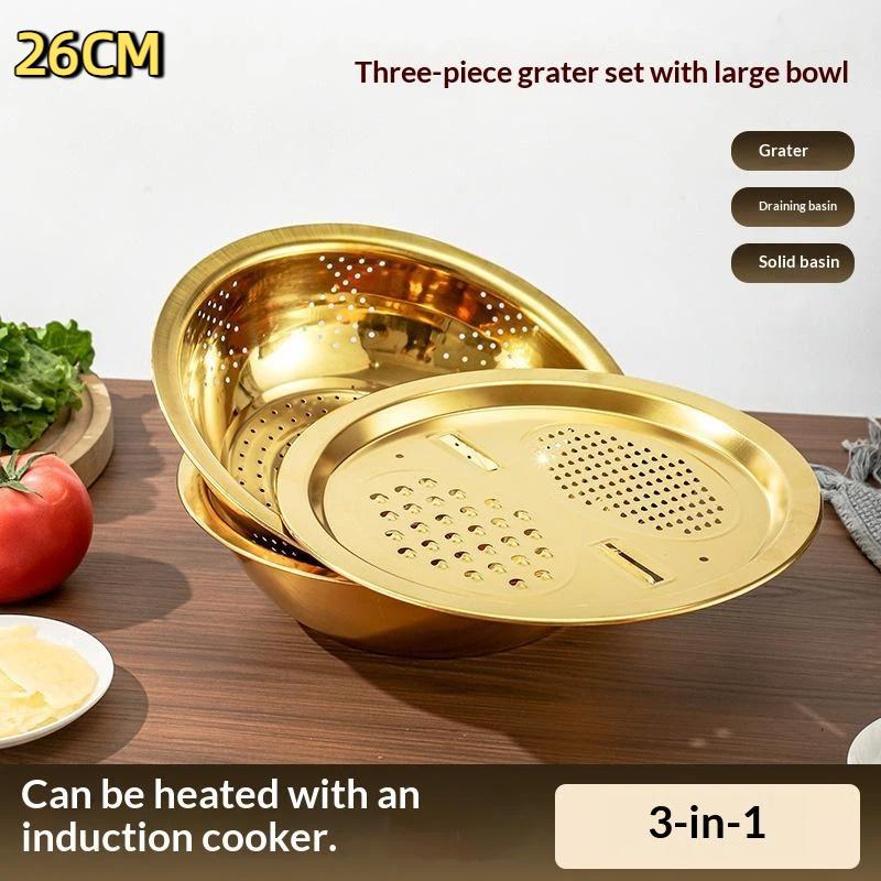 3-In-1 Stainless Steel Kitchen Set, Equipped With Built-in Grinding, Multifunctional Filter, And Mixing Bowl