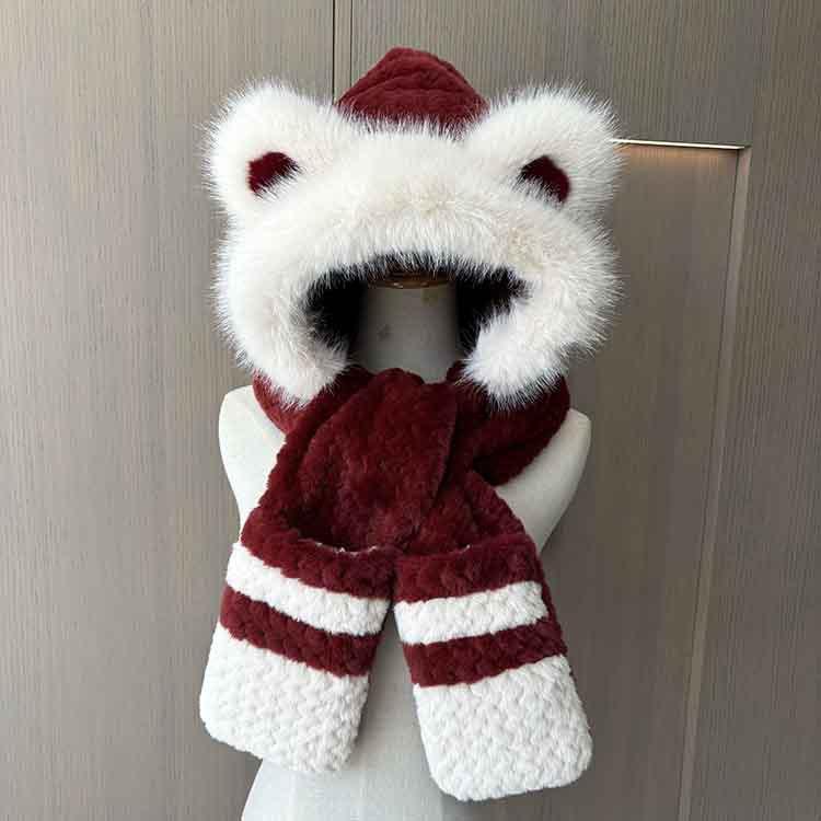 

Hat Women S Winter Thickened Scarf Gloves Integrated Cycling Cold Protection Ear Protection Plush Cap Warm Cover Hat Three-Piece Set One size