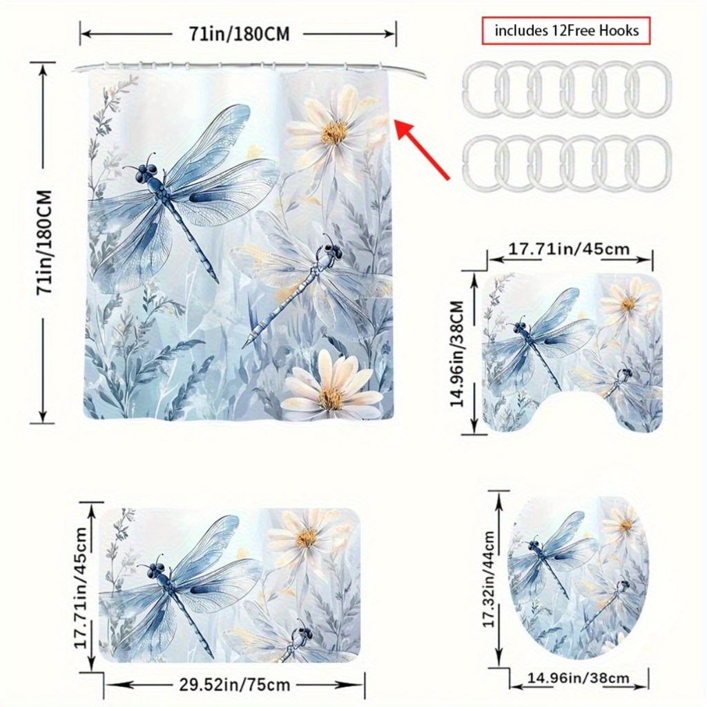 1/4Pcs Blue White Floral Dragonfly Bathroom Decor Set Waterproof Shower Curtain with Anti Slip Mat and Toilet Cover All Season Home Decor Gift