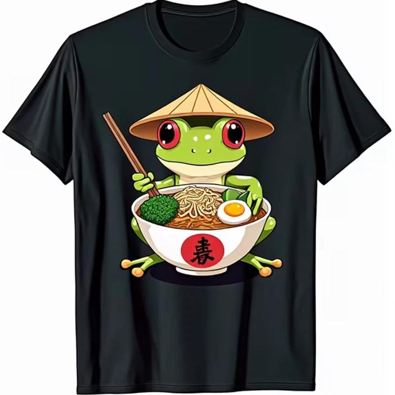 Kawaii Frog Eating Ramen T-Shirt – Cute Neko Japanese Noodles Anime Lovers Graphic Tee for Men Women Unisex Casual Black T-Shirt
