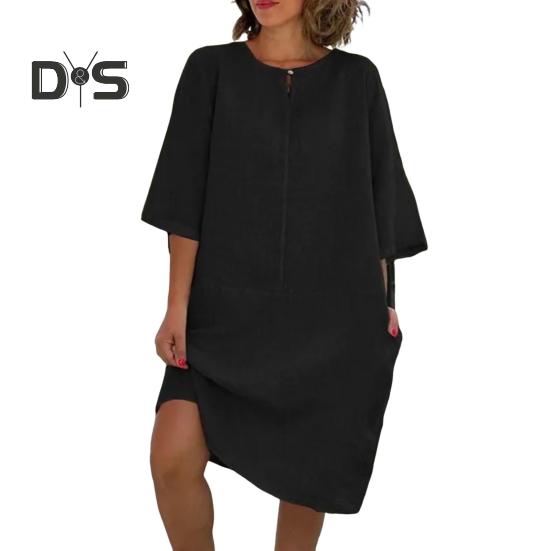 

Женское свободное платье-рубашка из хлопка и льна, повседневное платье миди с рукавом 1/2 и круглым вырезом, летний пляжный сарафан для отдыха S чёрный