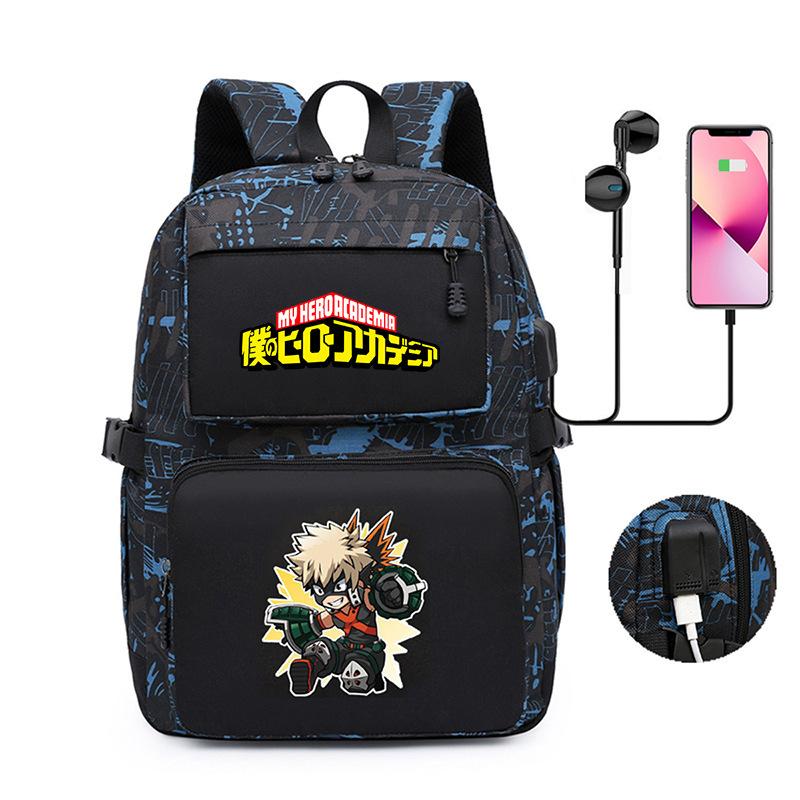 Riman My Hero Academy Cartoon Pattern Backpack, Large Capacity Student School Bag Usb Computer Bag