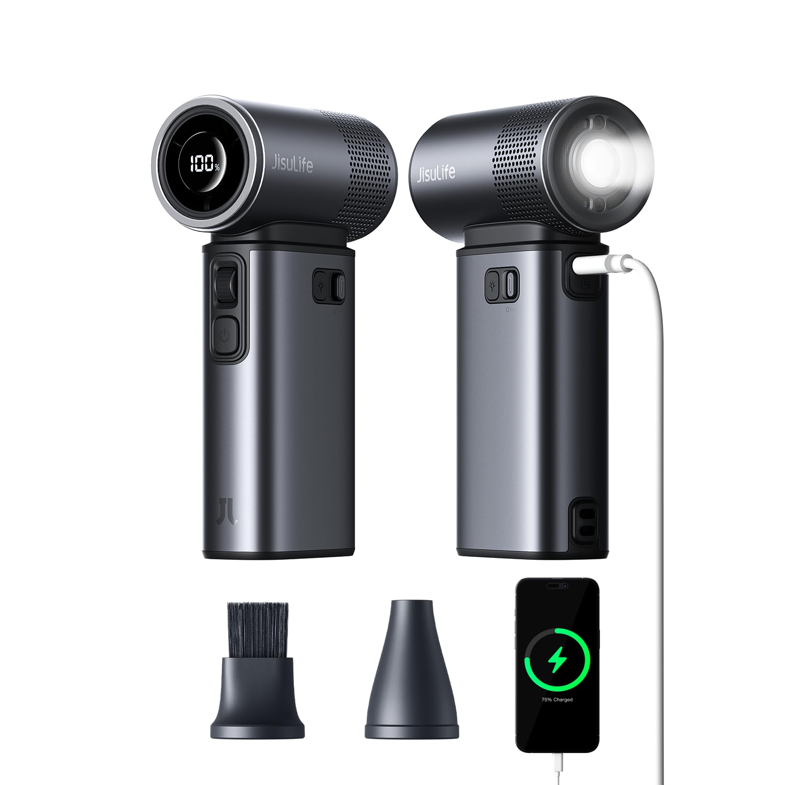 

JISULIFE Багатофункціональний ручний вентилятор 9000 мАг Великий Супер Регульований 43000 LED Тепло Подорожі Темно-сірий 5-в-1 [Модель 2025] Ємність, Потужний, 1-100