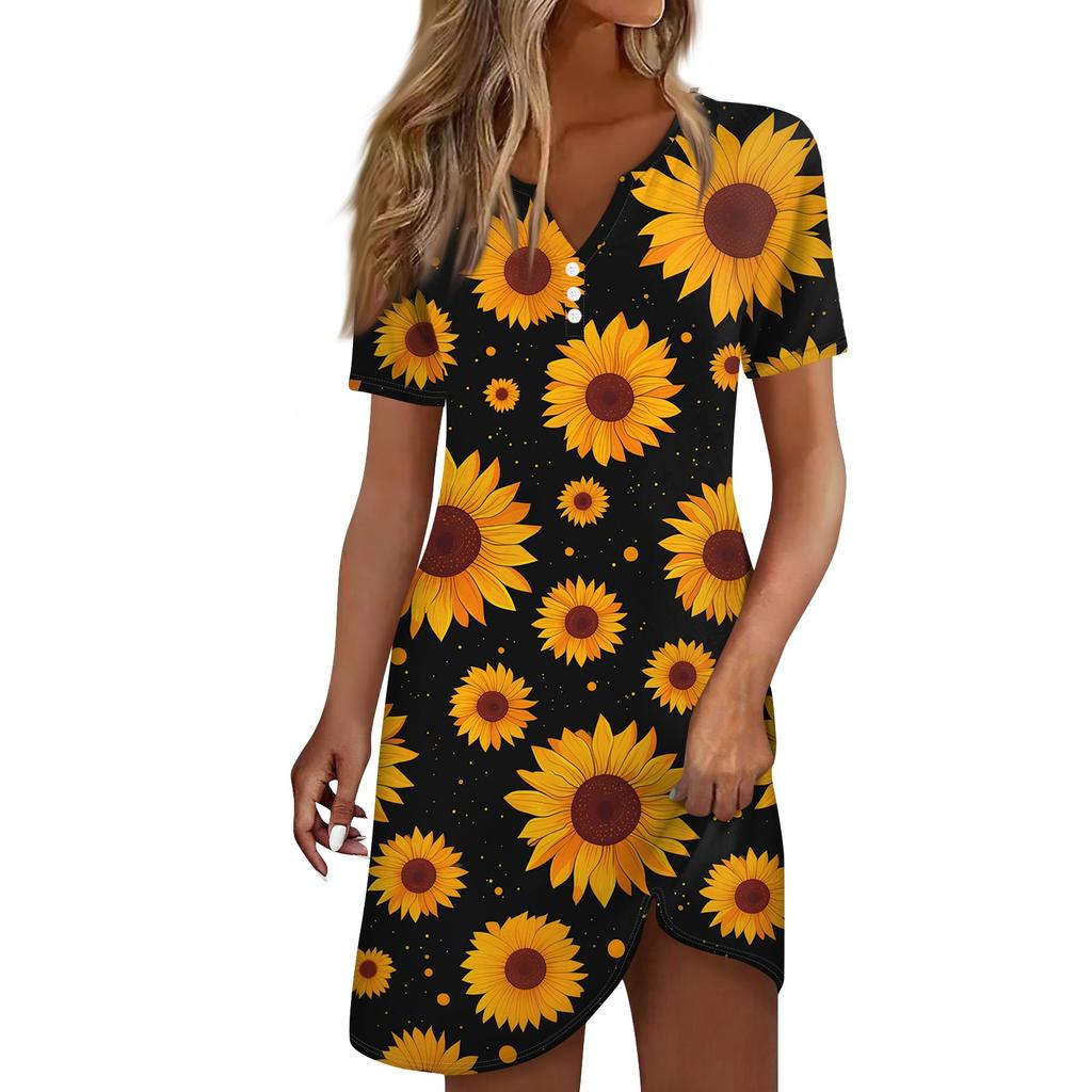 Women's Fashion Casual Printed Lapel Button Short Sleeve Clothing Straps Dress