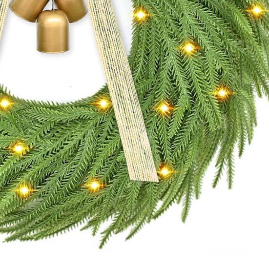 Artificial Christmas Wreath with Bow And Bells Realistic Pine Greenery for Door Wall Decor Outdoor Indoor LED String Lights Xmas Thanksgiving