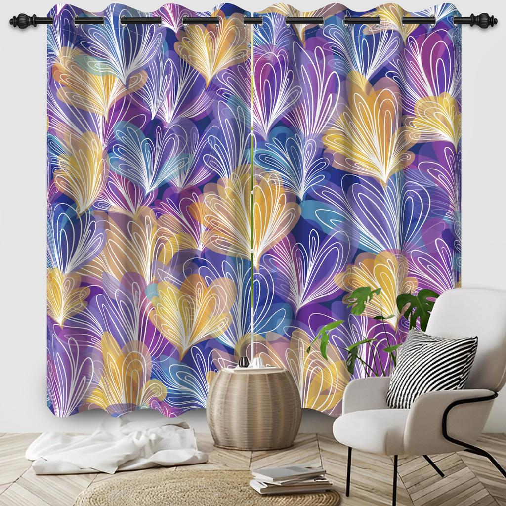 Feather Pattern Curtains Set Polyester Double Layer Window Living Room Home Interior Size Curtain Light Blocking For Area Made Of