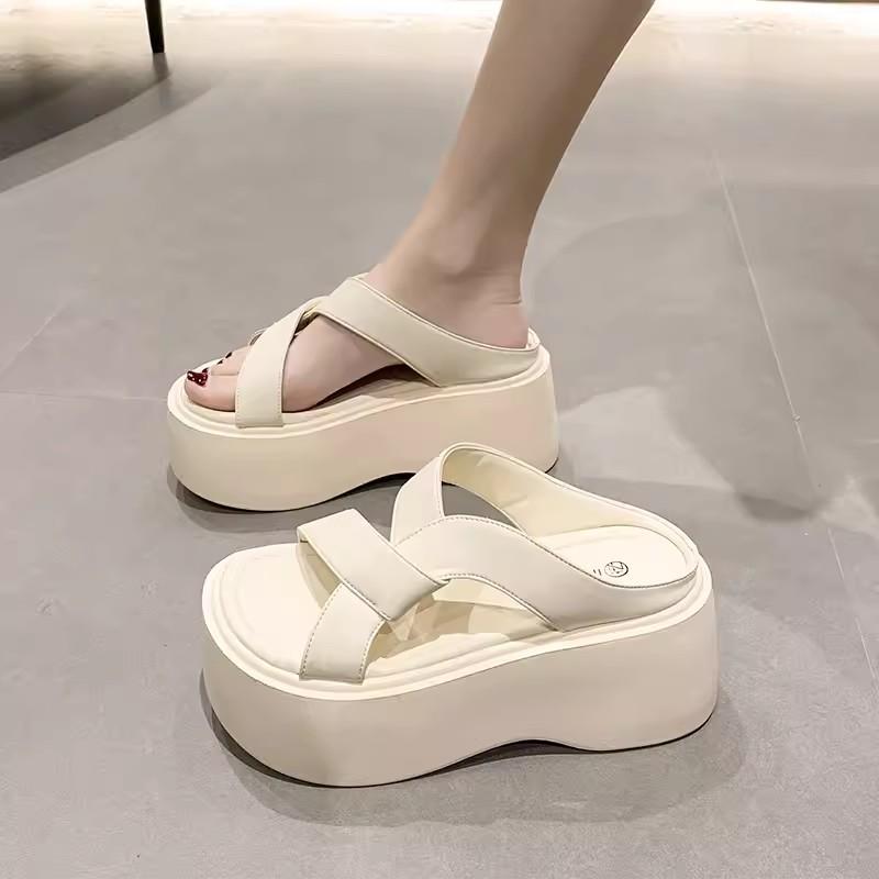 

Модные женские туфли на толстой платформе с каблуком 8 см, с открытым носком, кожаные босоножки на танкетке, женские летние пляжные шлепанцы с толстой подошвой 34 бежевый