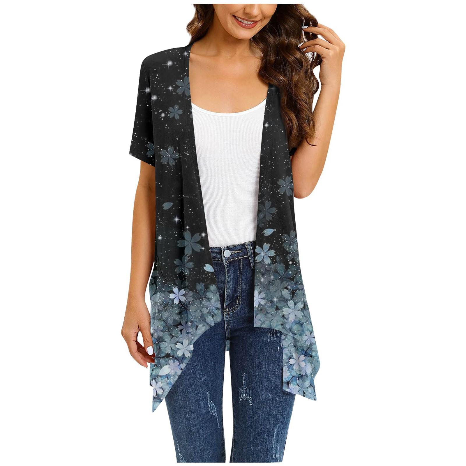 

Women s Floral Print Irregular Short-sleeved Cardigan Jacket With Pockets L синий