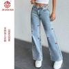 Original Design Jeans Cherry Print Washed High-rise Straight Denim Pants Women