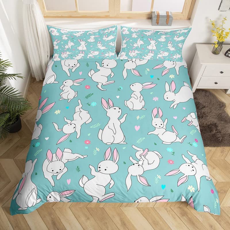 Cute Rabbit Duvet Cover Queen King Size Cartoon Rabbit Bedding Set Kawaii Animal Quilt Cover For Boys Girls Teenagers  3 Pcs