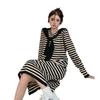 Early Autumn 2026 New Striped Loose and Thin Hooded Knitted Medium and Long Skirt Lazy Style Casual Dress Women