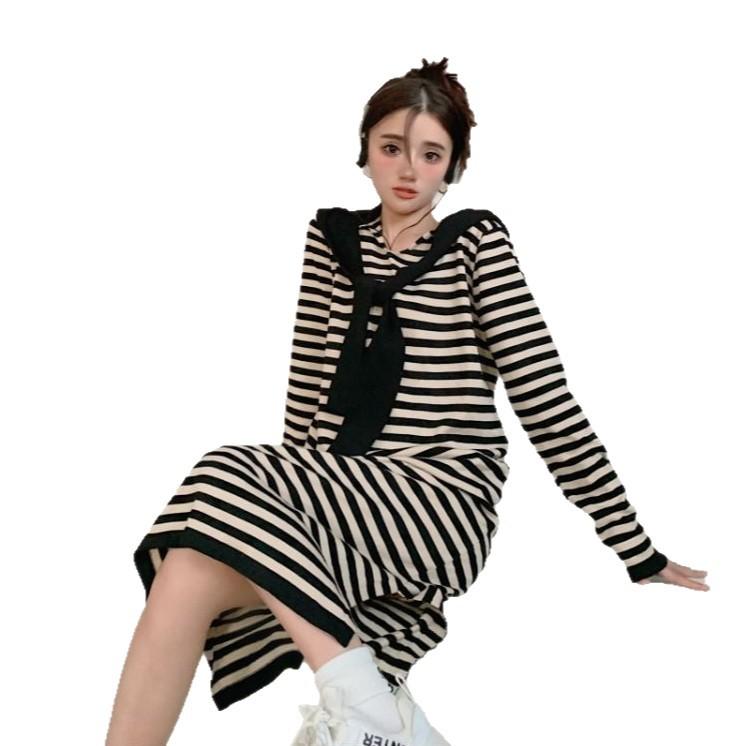 Early Autumn 2026 New Striped Loose and Thin Hooded Knitted Medium and Long Skirt Lazy Style Casual Dress Women