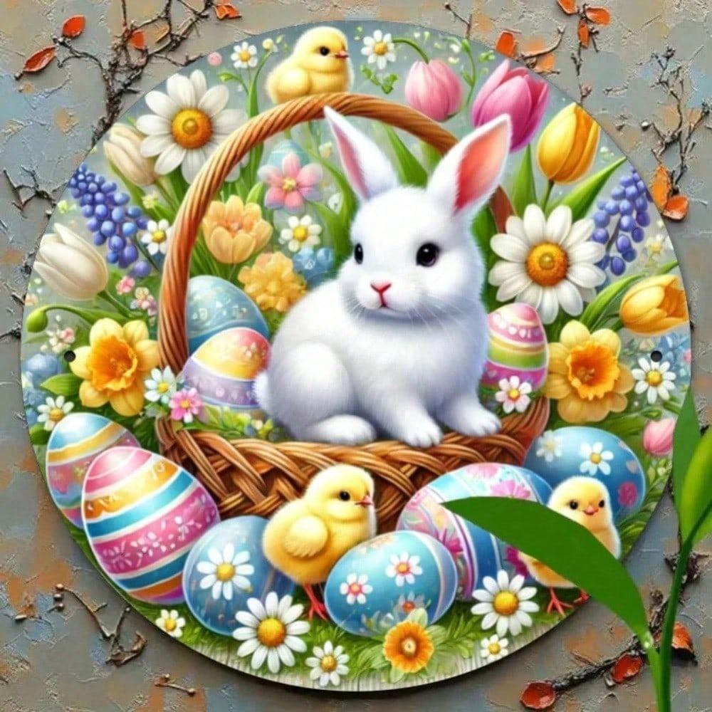 Panier de lapin de Pâques vintage Plaque murale ronde en métal Décoration de maison de ferme Jardin Café Art en fer Montage sur porte Salon