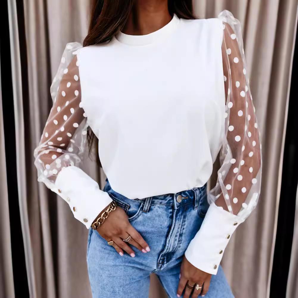 European-American 2025 Spring/Summer Women's Mesh Lace Patchwork Chiffon Long-Sleeve Blouse