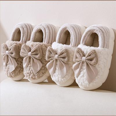 Fashion Cute Bowknot Home Cotton Slippers Women 2024 New Cover Heel Indoor Fur Slippers Woman Short Plush Warm Winter House Shoes Ladies
