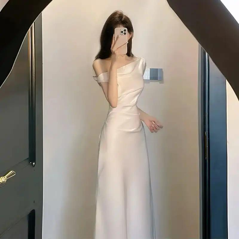 French Style High-end Sloping Collar Slant-shoulder Dress with Waist and Hip Acetate Satin New Summer Long Skirt