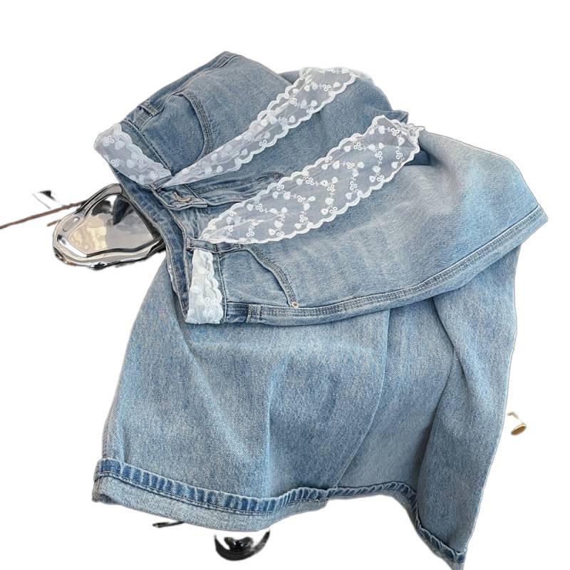 Spring/Summer Korean Style High Waist Denim Wide-Leg Pants with Lace Belt