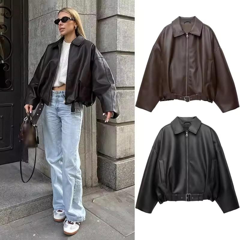 Vintage PU Leather Bomber Jackets Autumn Ladies Zipper Lapel Long Sleeve Pocket Coat With Belt Women's Loose Streetwear
