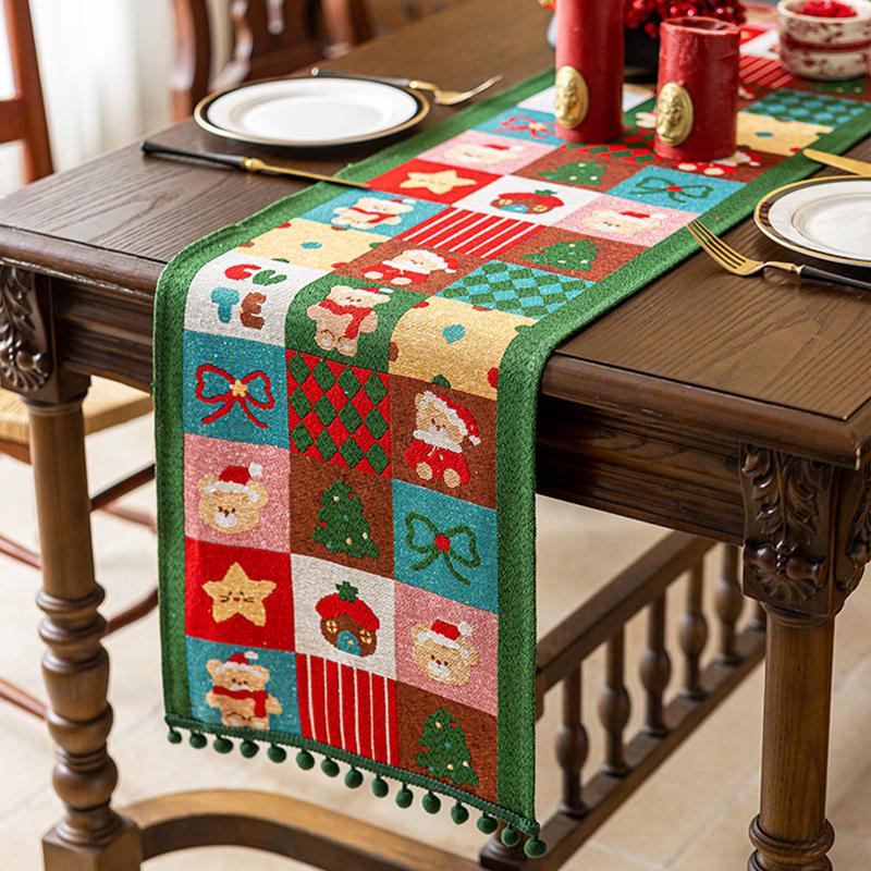 1PC Jacquard Dining Decor Ball Tassel Kitchen Polyester  Christmas Table Runner Party Table Decor Holiday 2 Sizes