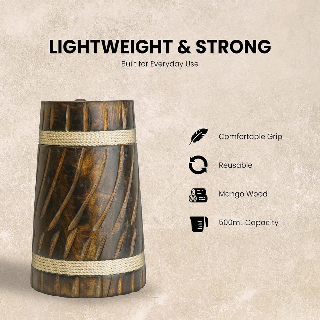 Wooden Beer Mug, Mango Wood with Sheesham Finish, Barrel Style, Lightweight & Durable, for Craft Beer, Home Bar, Café, Party, Gift (Pack of 4)