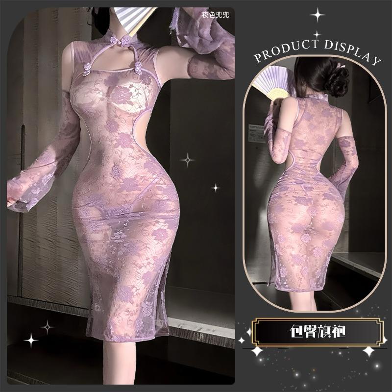 Neck buckle lace cheongsam perspective temptation hip skirt sexy underwear sexy pure desire nightdress women