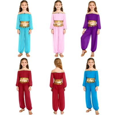 Meisjes Buikdans Kostuum Pailletten Kwastjes Top Broek Ingebouwde Slip Strass Decoratie Lange Mouwen Outfit