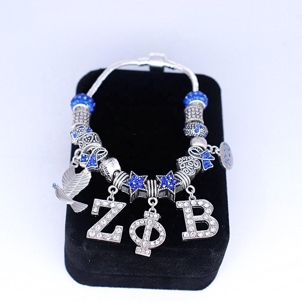 European Styles Big Hole Beads Greek Letter 1920 Finer Women Group Sorority Zeta Phi Beta Bracelet Jewelry for Gift