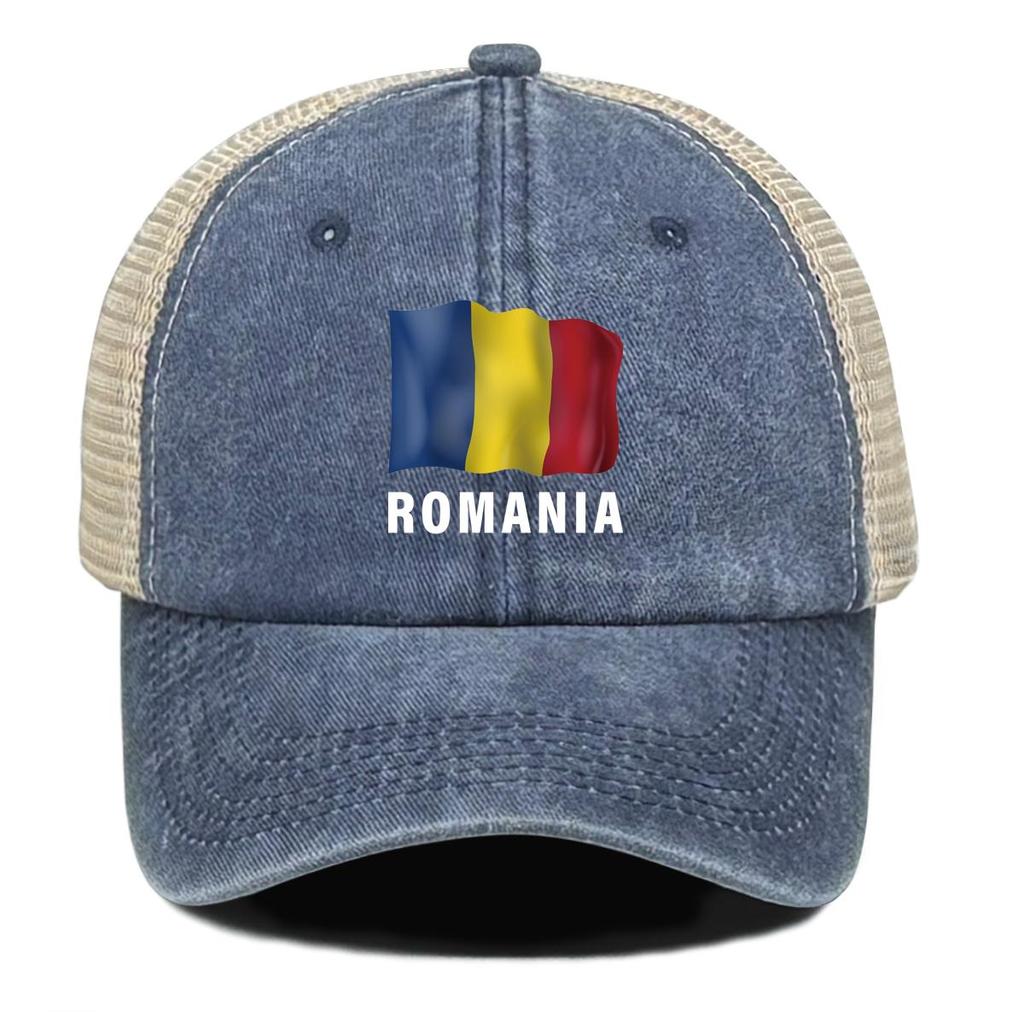 Romania Flag Print Snapback Sun Hat, Patriotic Dad Hat Headwear Sun Visor Retro Sunshade Adjustable Trucker Hat
