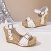 Cross Border Large Size Spring and Summer New Buckle Rivet Sandals Fish Mouth Wedge Heel Waterproof Trolley Stitching Sandals Women