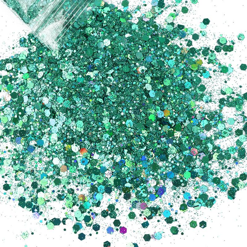 50G holografické smíšené šestihranné třpytky na nehty stříbrné třpytky laserové třpytky tenký film DIY design dekorace na nehty