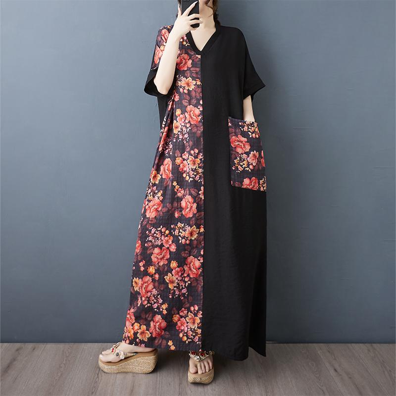 

DIMANAF Women Summer New 2025 Dress Casual V-Neck Loose Floral Long Dress Vintage Plus Size Dress Maxi One Size красный