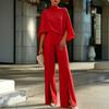 Conjunto de Dos Piezas para Mujer: Top de Cuello Alto con Mangas tipo Capa y Pantalones de Pierna Ancha de Color Sólido, Atuendo Elegante