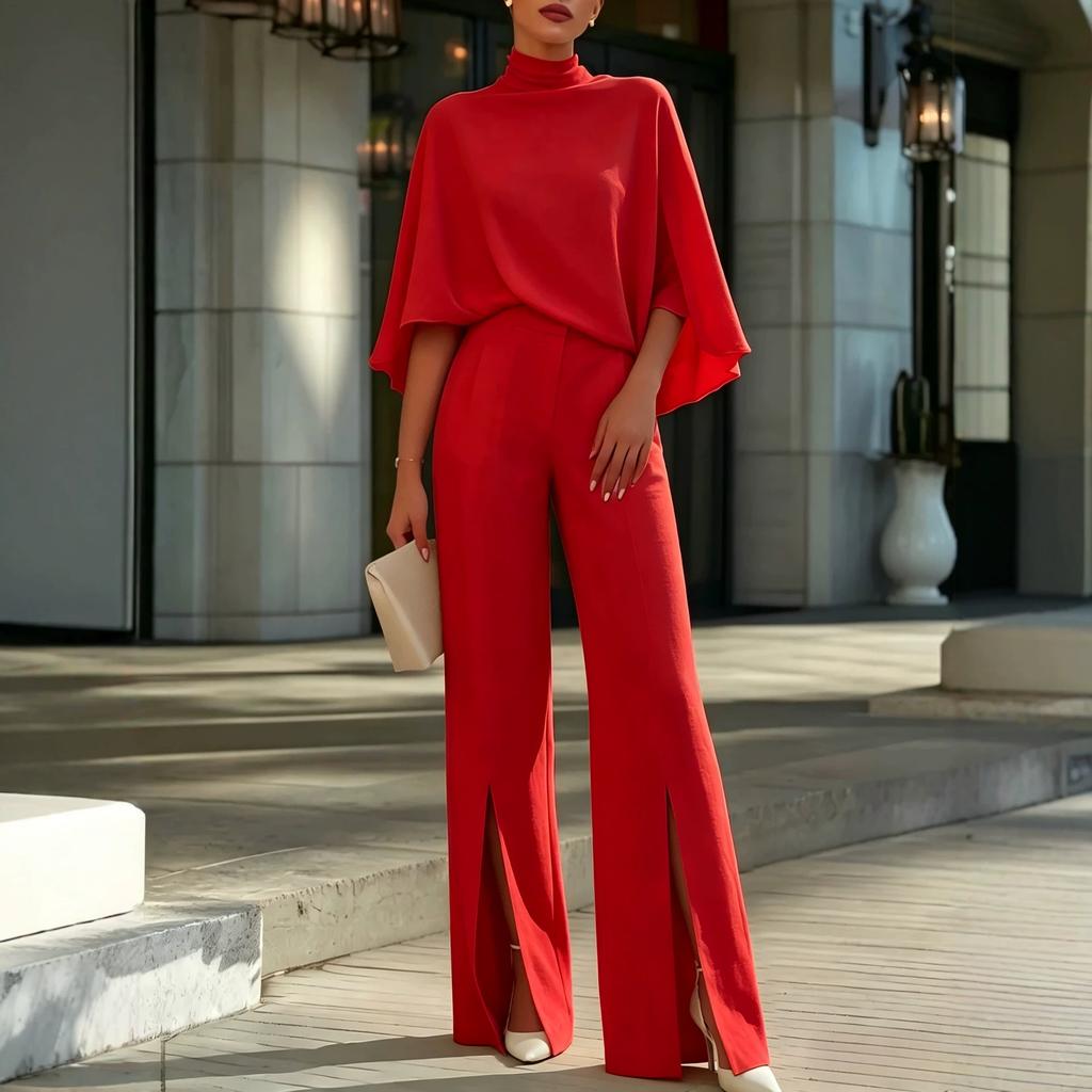 Conjunto de Dos Piezas para Mujer: Top de Cuello Alto con Mangas tipo Capa y Pantalones de Pierna Ancha de Color Sólido, Atuendo Elegante
