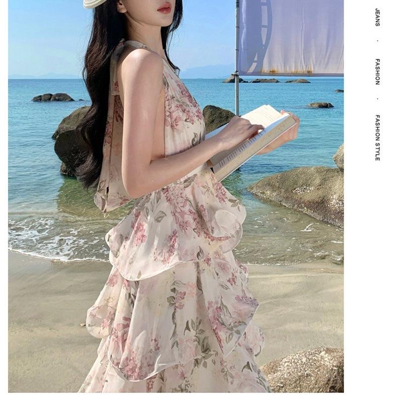 French holiday dress female pure desire sexy halter neck chiffon printed cake long dress temperament birthday dress