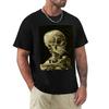 Schädel Eines Skeletts Mit Brennender Zigarette Van Gogh T-Shirt Urbaner Stil Lässiges Kurzarm Oberteil