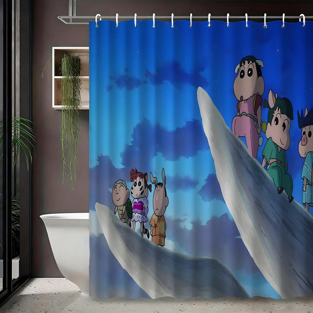 Crayon Shin-Chan & Friends Adventure On Rocks 2D Print Waterproof Shower Curtain, Blue Night Anime Bathroom Decor With Hooks