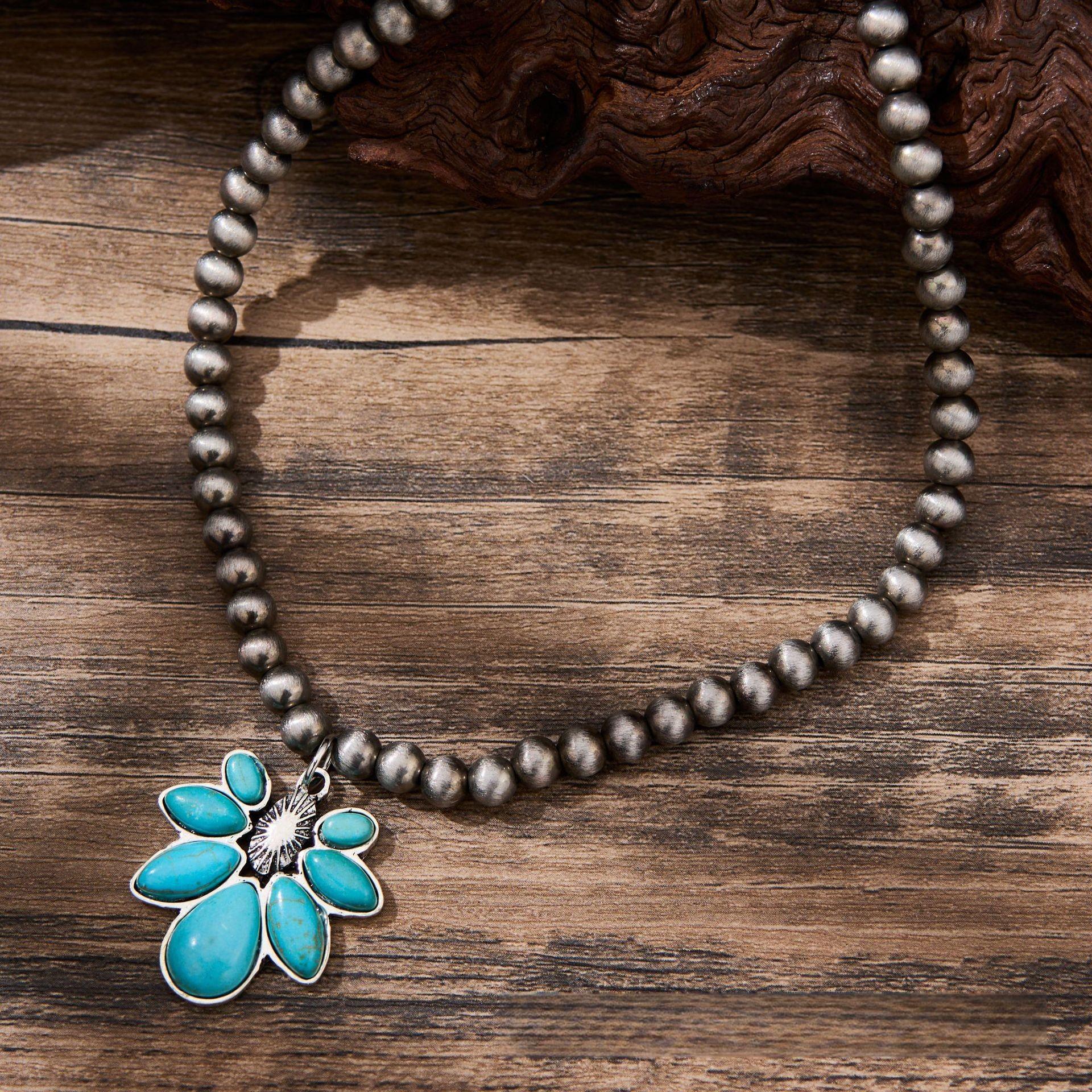 

European and American Retro Navajo Western Style Round Bead Inlaid Turquoise Pendant Bohemian Niche Necklace