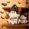 Outdoor Halloween Sign Wooden Hanging Door Sign, Cute Ghost Welcome Ornament with Witch Broomstick Hat Pumpkin Lantern Design, Holiday Wall Decor for