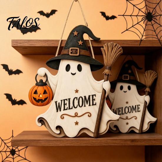 Outdoor Halloween Sign Wooden Hanging Door Sign, Cute Ghost Welcome Ornament with Witch Broomstick Hat Pumpkin Lantern Design, Holiday Wall Decor for