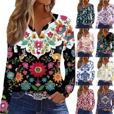 Women's T Shirt Tee Button Long Sleeve Daily Weekend Fashion Basic V Neck Retro Printing Regular Top