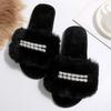 Autumn Winter Open Toe Fluffy Fur Slippers Women Pearls Decor Non Slip Plush Home Slides Woman Comfort Soft Sole Furry Slippers