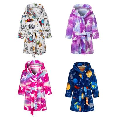 2-10 Years Kids Winter Warm Flannel Bathrobe Children Hooded Robes Night-robe