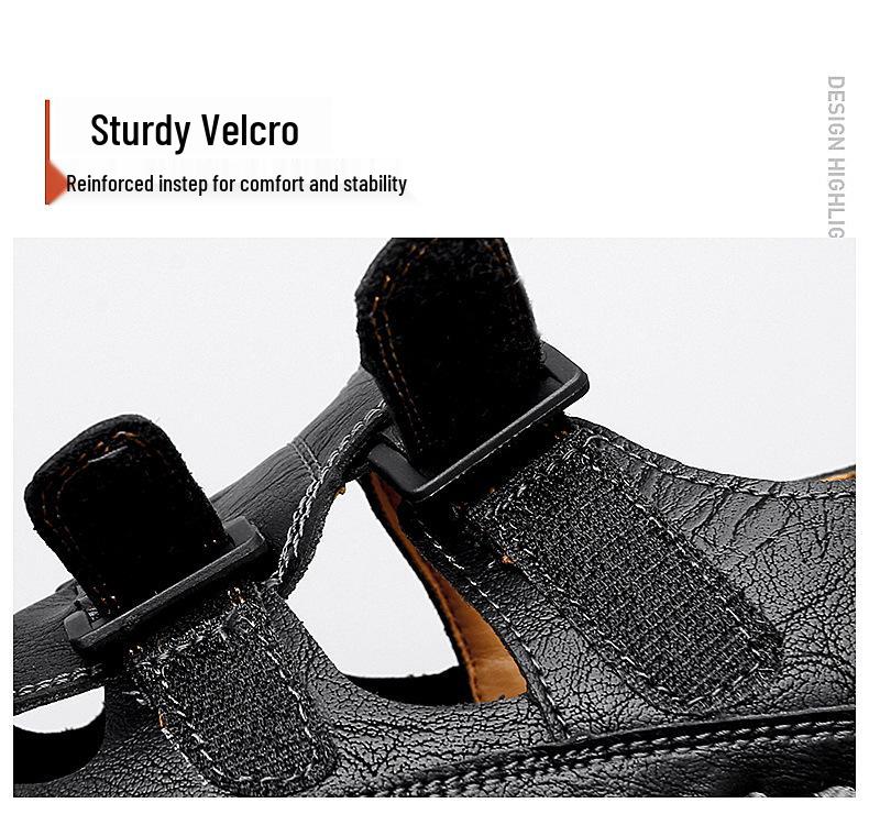 Men's Large Closed-Toe Handmade Leather Sandals, Breathable & Perforated for Beach