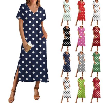 Vestido de verão feminino com estampa de bolinhas, manga curta, vestido de praia com bolso, casual, decote em V, bainha, vestido com fenda lateral